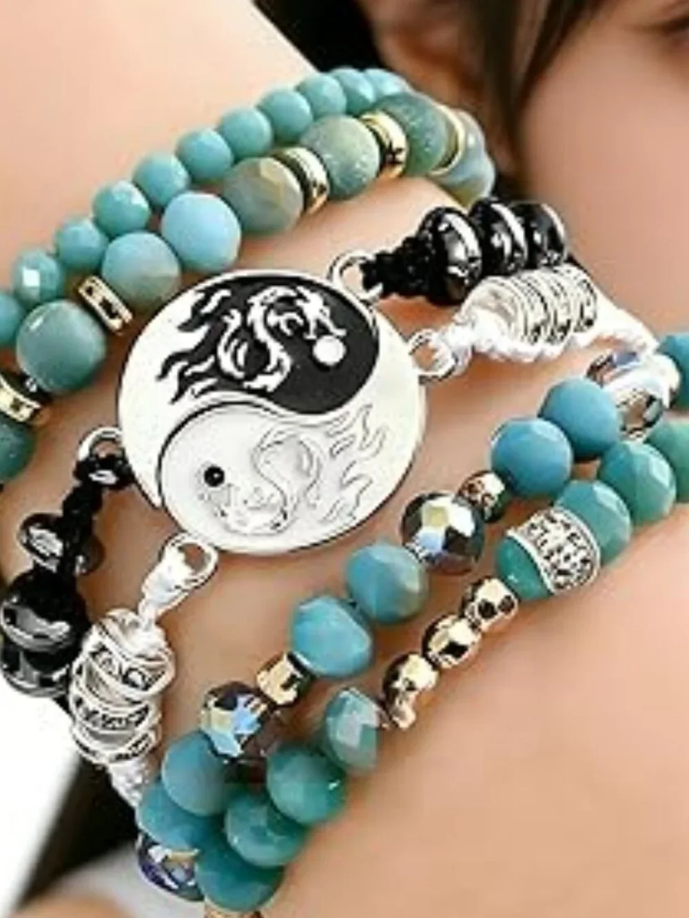 Boho Turquoise Yin Yang Bracelet Multi-Layer Stackable Beaded‎ Trendy Set